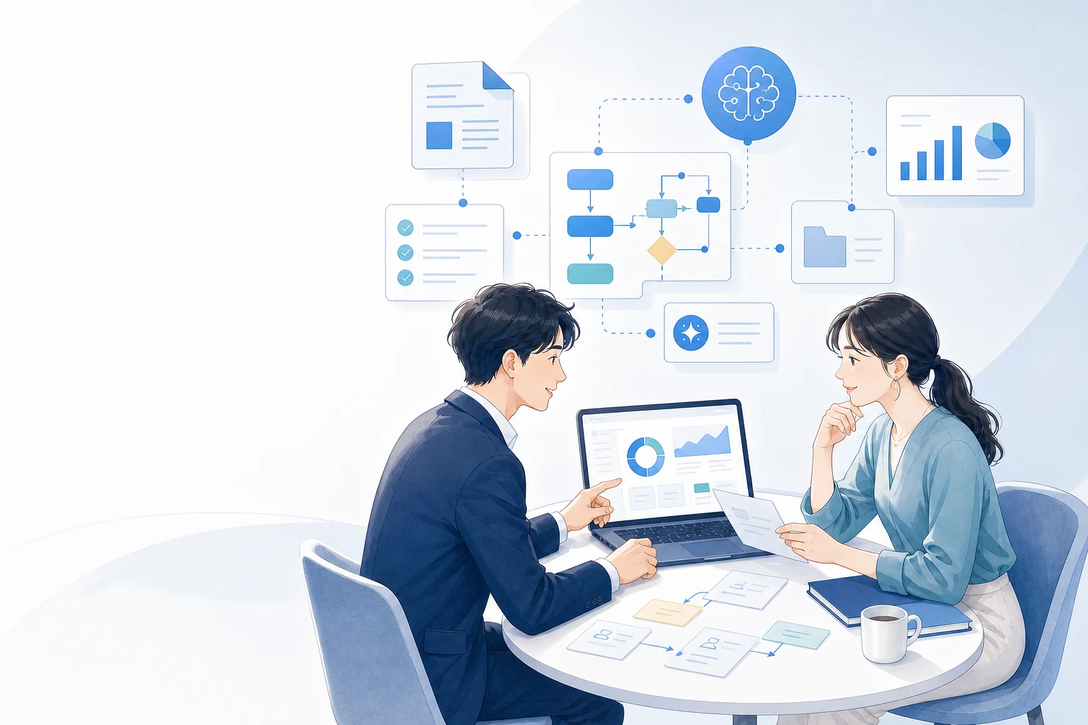 担当者二人がノートパソコンと業務カードを見ながら、AIを使った仕事の流れを整理しているイラスト