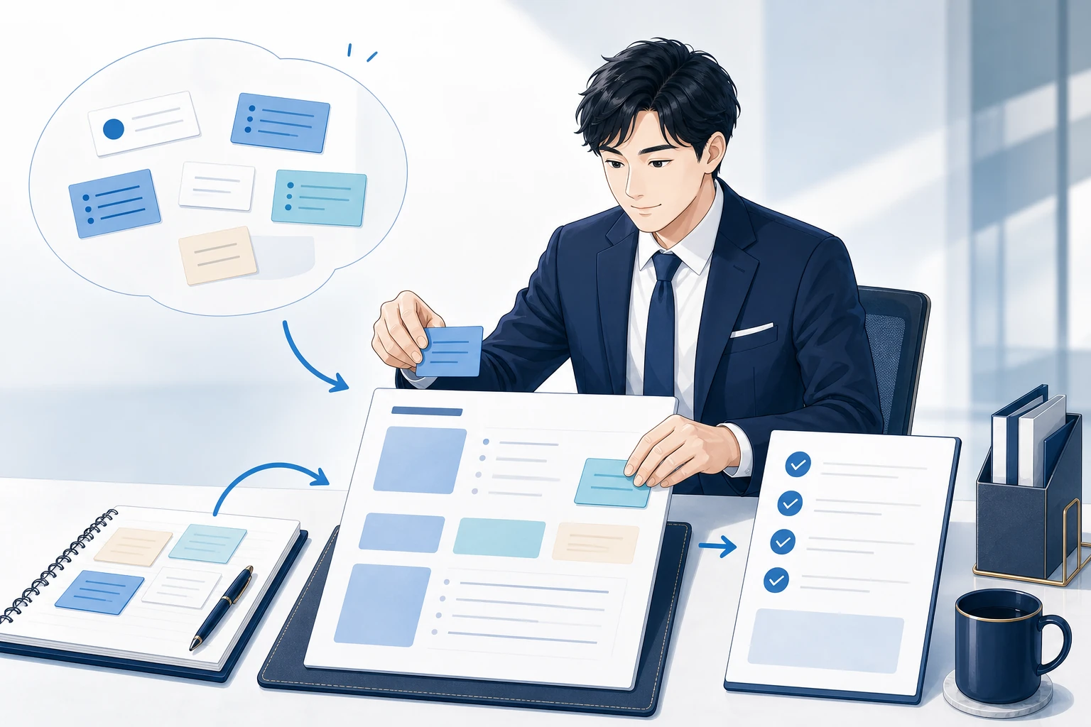 担当者が商談メモのカードを整理し、提案書と次の行動の一覧へまとめているイラスト