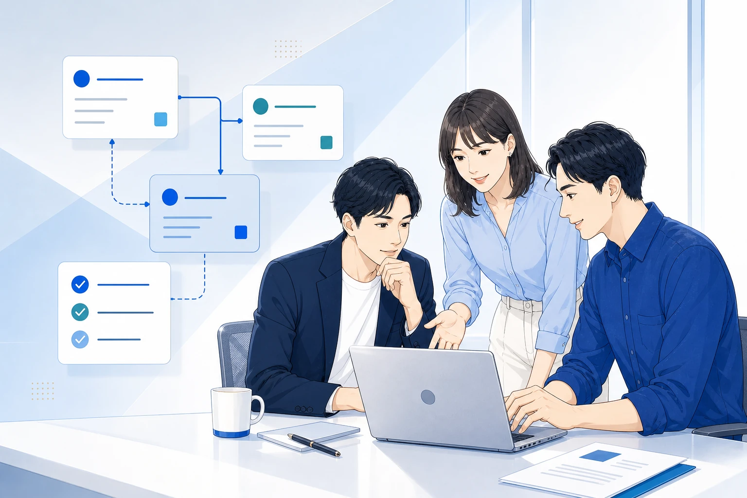 三人のチームがノートパソコンを囲み、つながった業務カードと確認項目を見ながら話し合っているイラスト